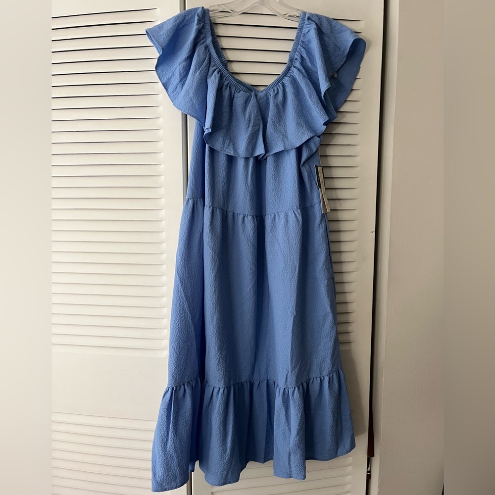 52.Seven Light Blue Textured Tiered Midi Dress